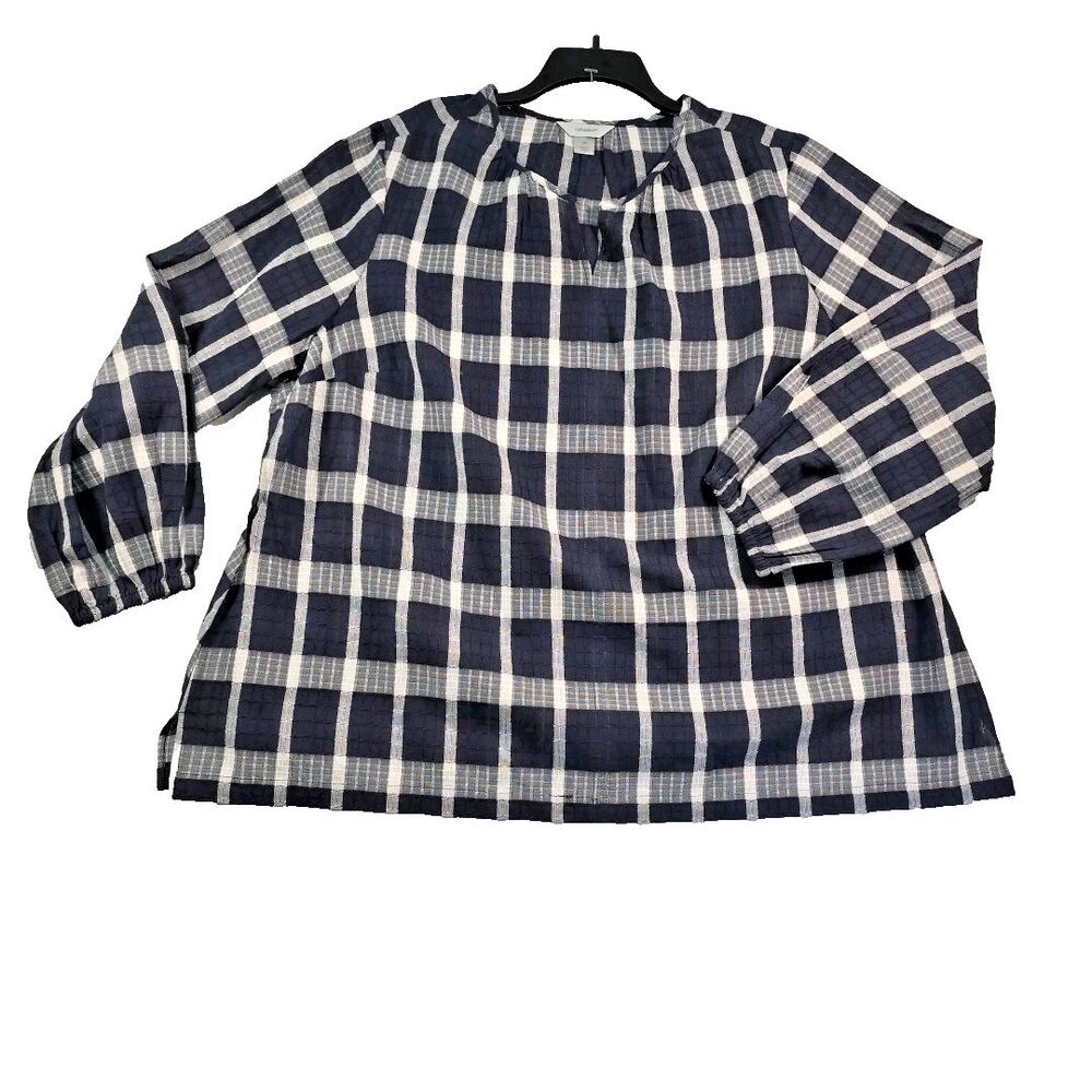 CJ Banks Top Tunic Women's 3X  Blue Plaid Gauzy Pullover Coastal Cottagecore